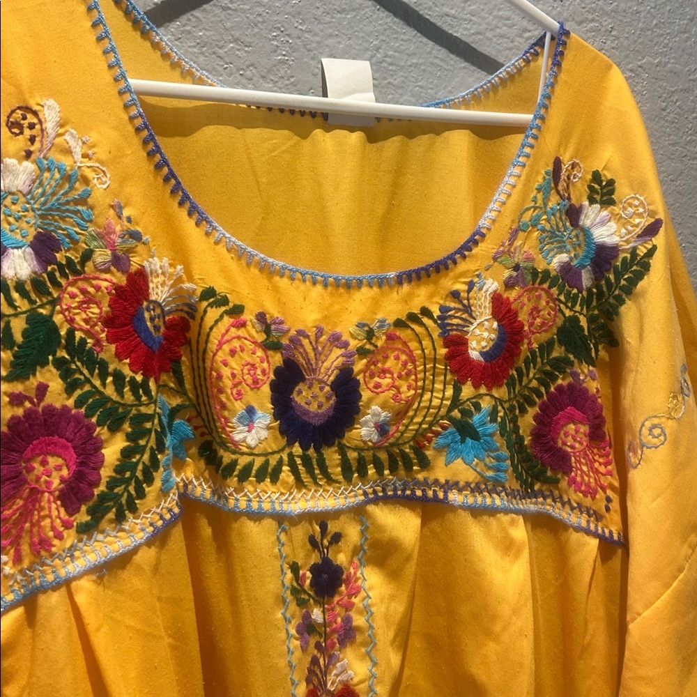 Mexican Yellow Dress with Blue Embroidery